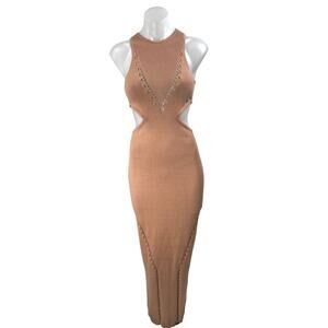 Michael Costello Tan Knit Sleeveless Cutout Waist Maxi Bodycon Dress Size S